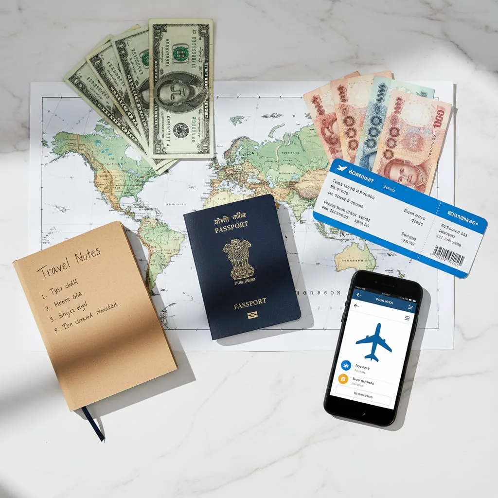 Indian passport with boarding passes and world map travel planning