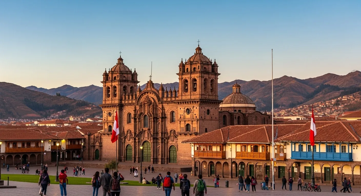 Cusco Plaza de Armas at sunset with cathedral