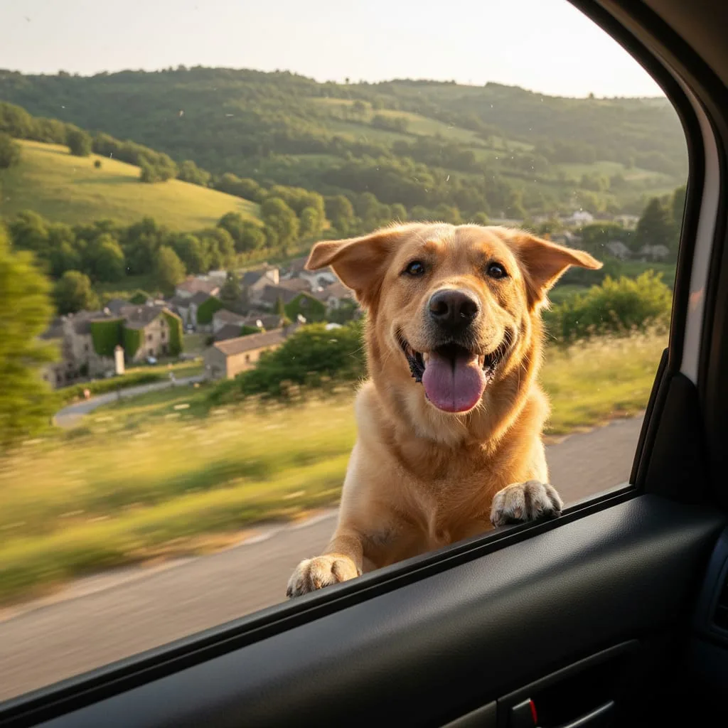 dog road trip europe car window