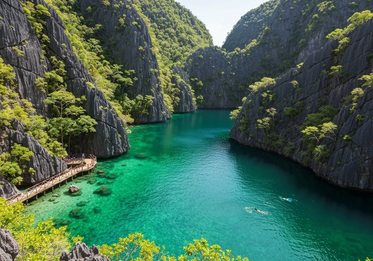 Kayangan Lake Coron with crystal clear turquoise water surrounded by limestone cliffs