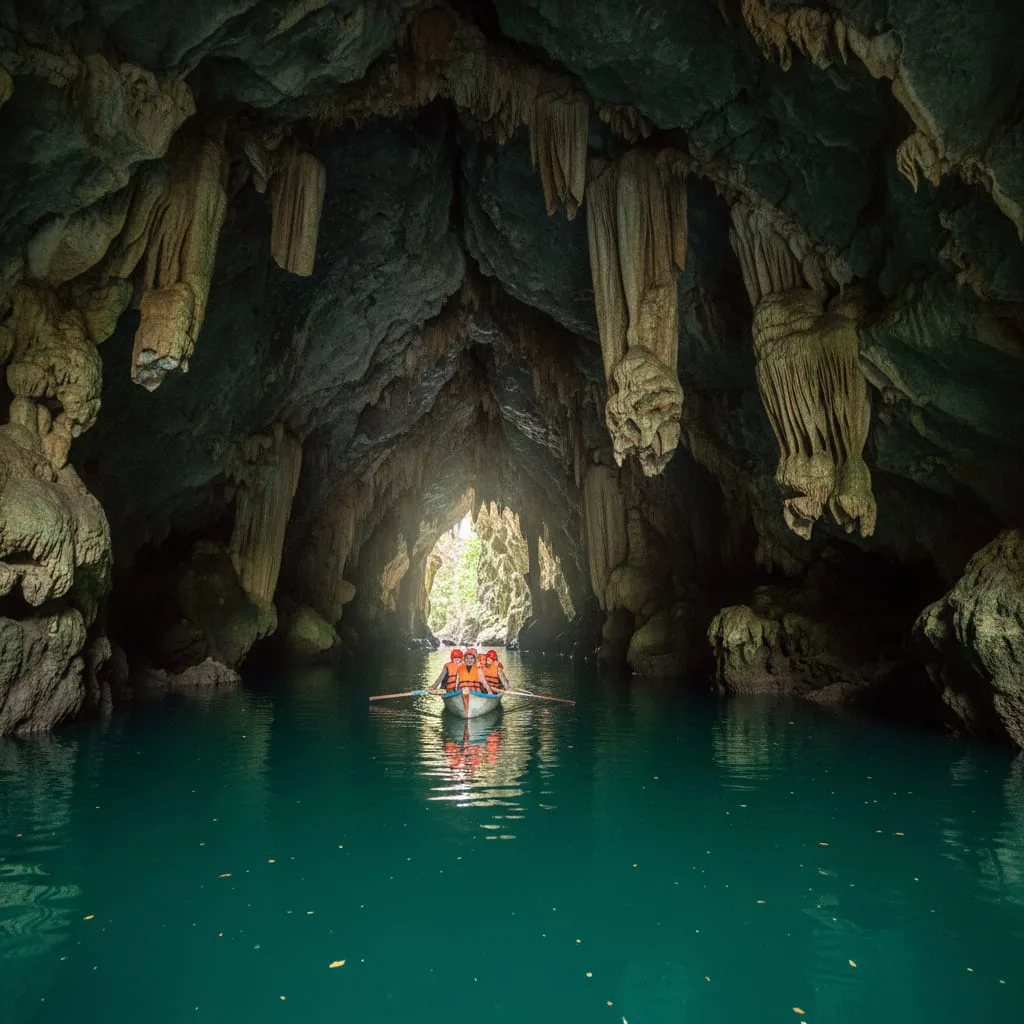 Puerto Princesa underground river entrance with limestone cave and emerald water