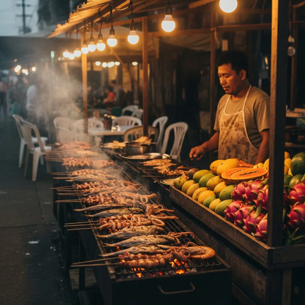 Filipino street food market with grilled seafood and tropical fruits