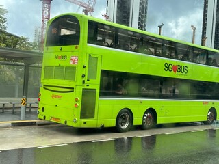 Green public transport bus in Singapore surrounded by lush greenery, showcasing Singapore's commitment to eco-friendly transportation and urban sustainability.