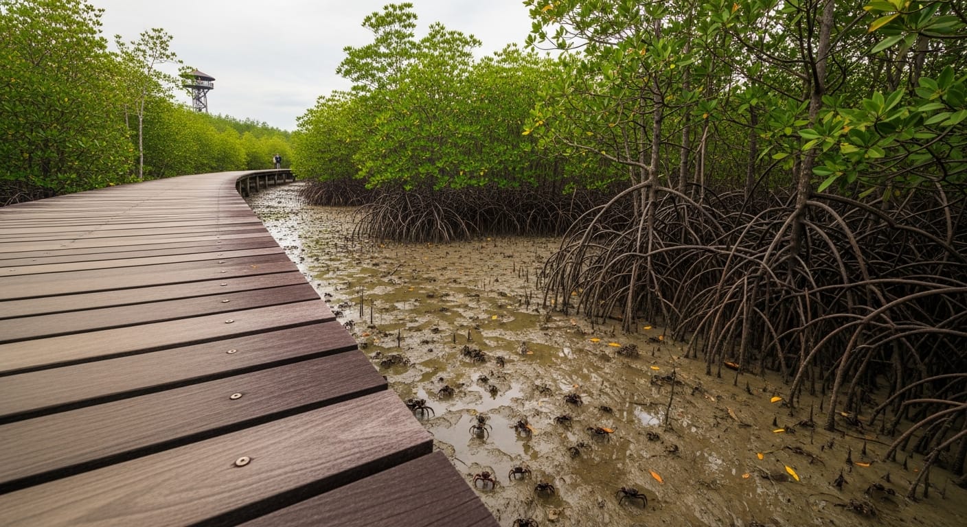 Chek Jawa wetlands boardwalk over mangroves on Pulau Ubin Singapore