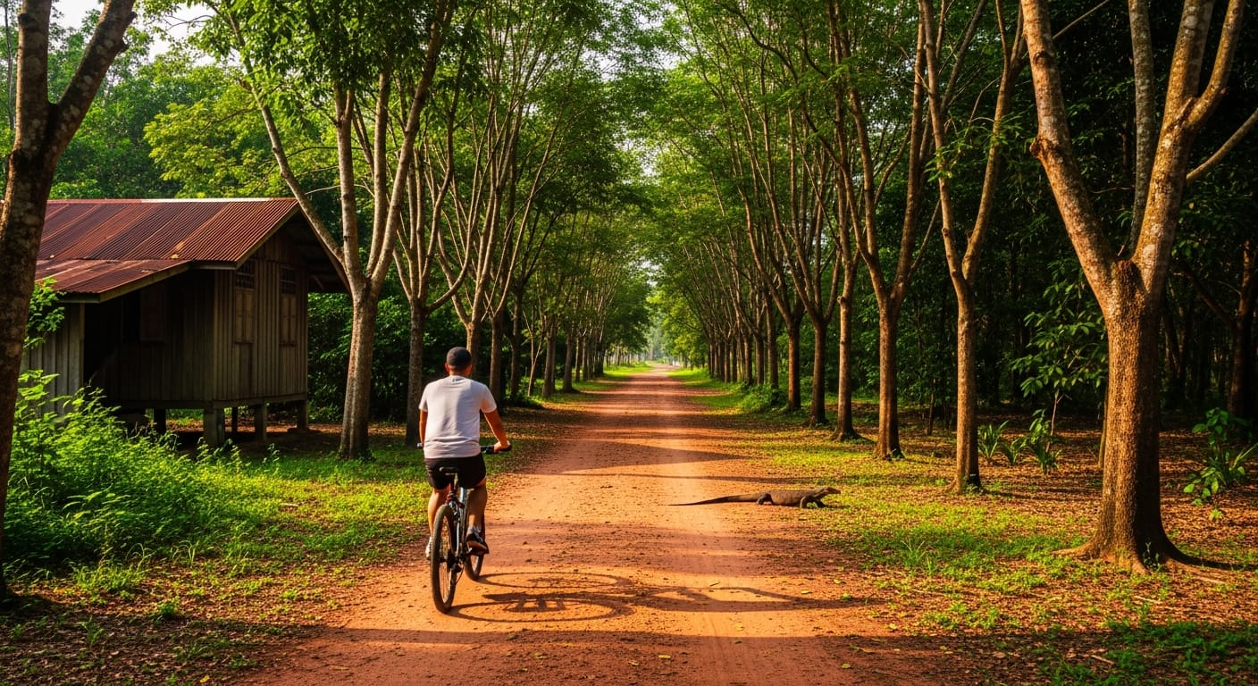 Cyclist on a rustic forest trail in Pulau Ubin Singapore with a monitor lizard crossing ahead