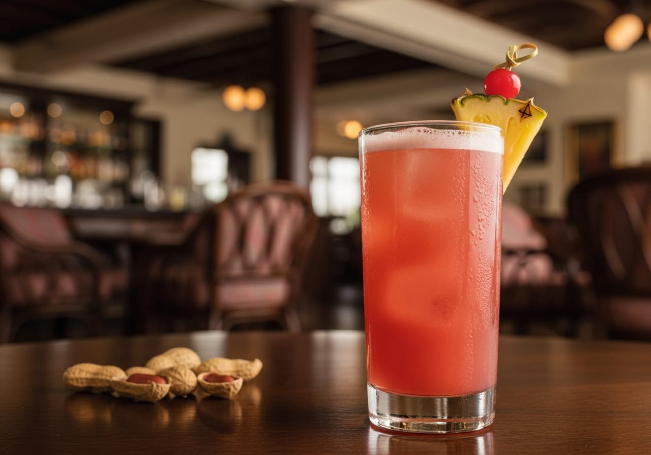 A Singapore Sling cocktail at the Long Bar in Raffles Hotel Singapore with peanut shells on the floor
