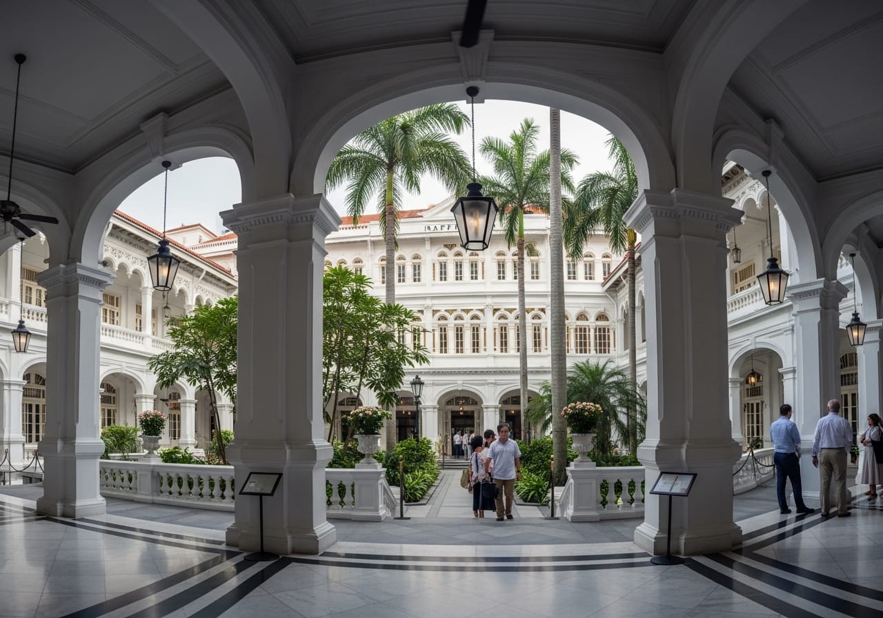 The colonnaded courtyard and arcade of Raffles Hotel Singapore with tropical greenery