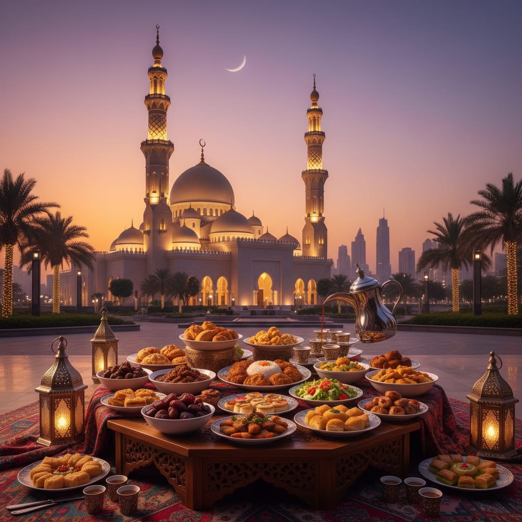 Dubai mosque during Ramadan with iftar food spread