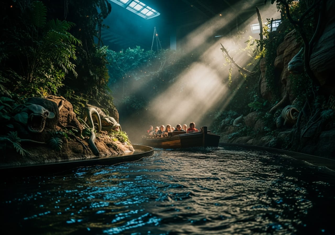 Amazon River Quest boat ride at River Wonders Singapore gliding through a jungle-themed waterway