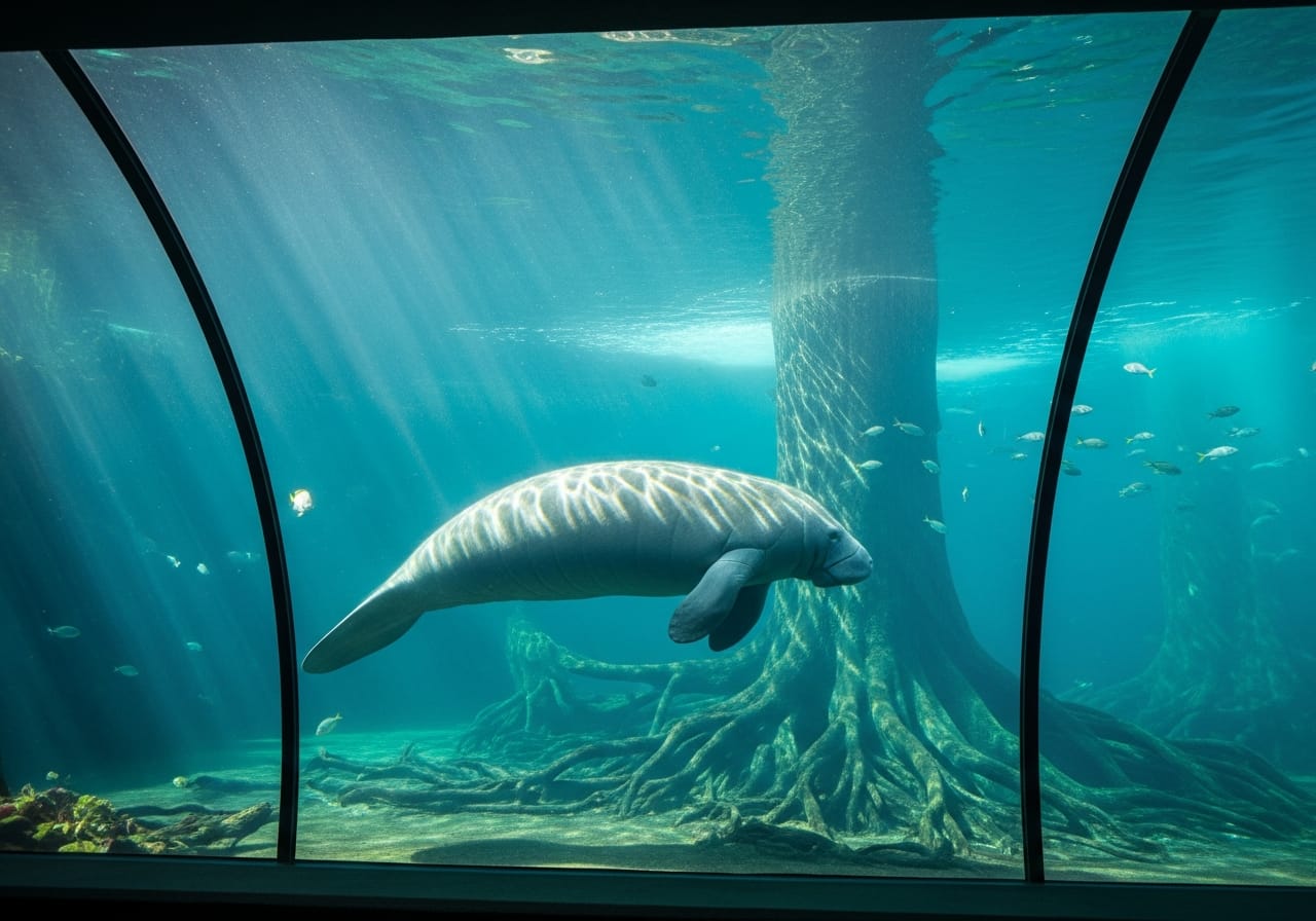 A manatee gliding past the viewing glass in the Amazon Flooded Forest at River Wonders Singapore