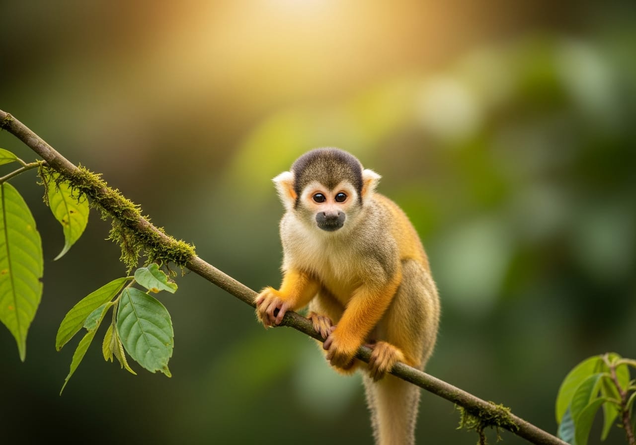 A golden squirrel monkey perched on a branch in the walk-through forest at River Wonders Singapore