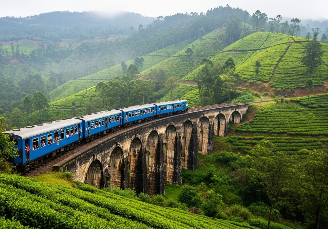 Sri Lanka hill country train crossing Nine Arch Bridge Ella scenic railway route