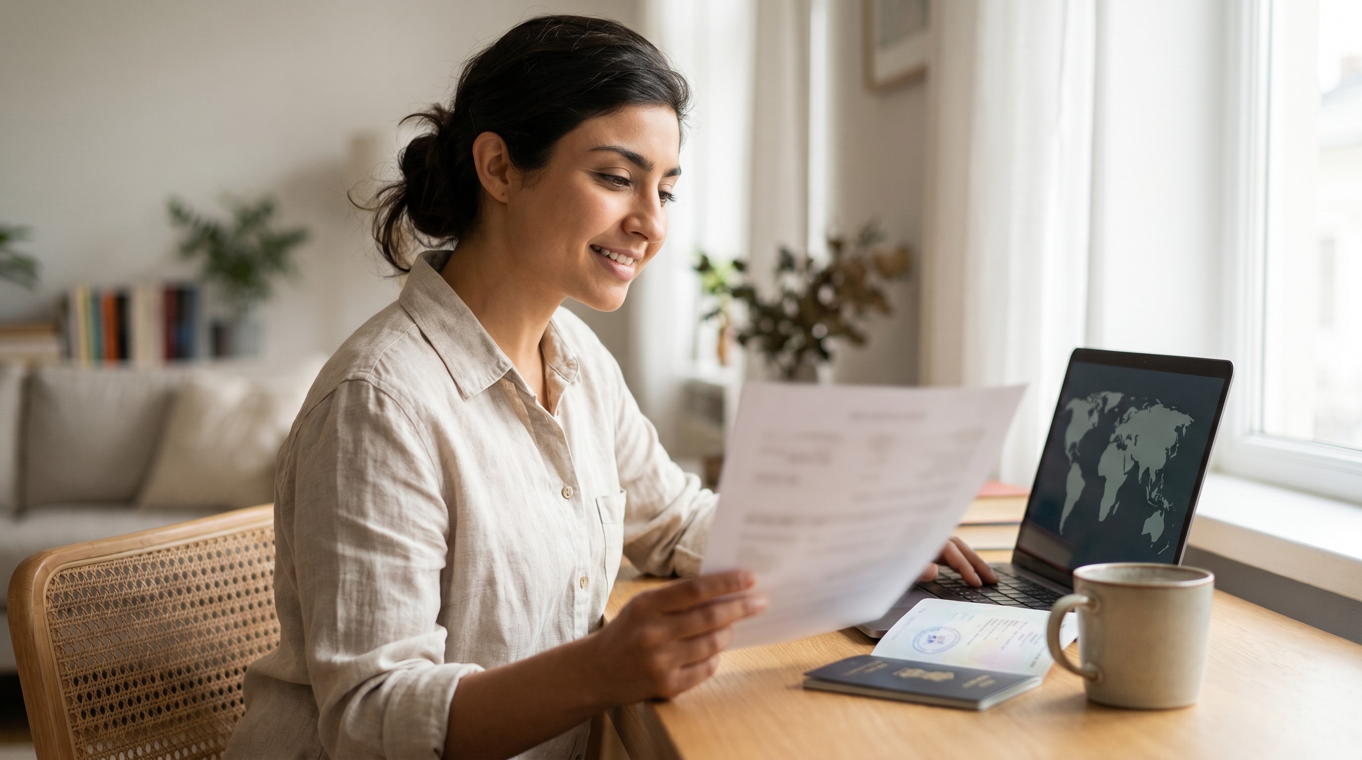Indian traveller reviewing schengen travel insurance paperwork before a Europe trip