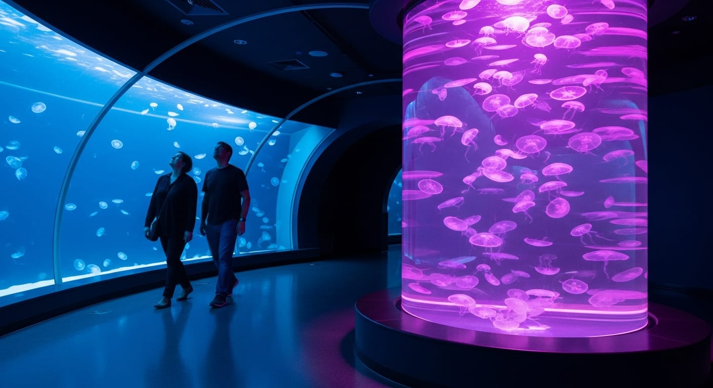Glowing jellyfish tank inside the sea aquarium singapore