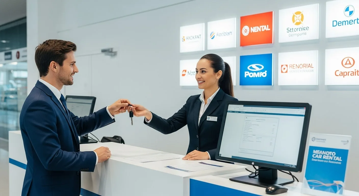 Car rental counter at international airport for self drive road trips abroad
