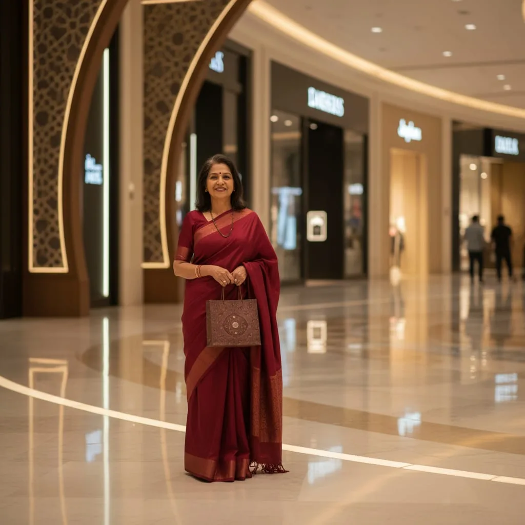 Senior Indian woman in traditional dress exploring Dubai mall