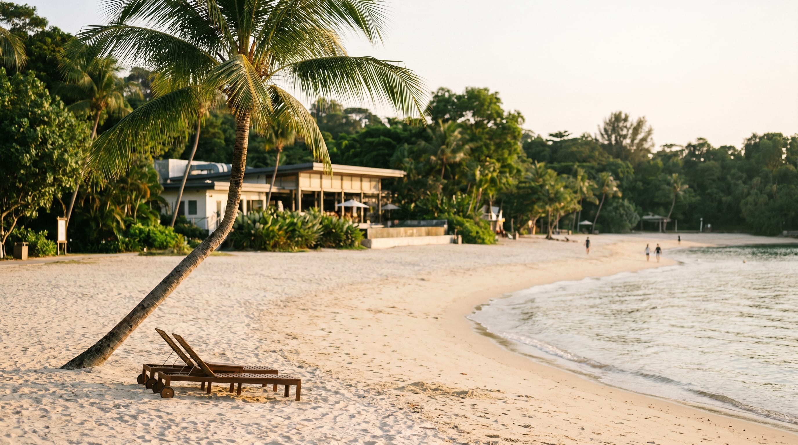 Quiet Sentosa beach in Singapore with palm trees and clear water at Tanjong