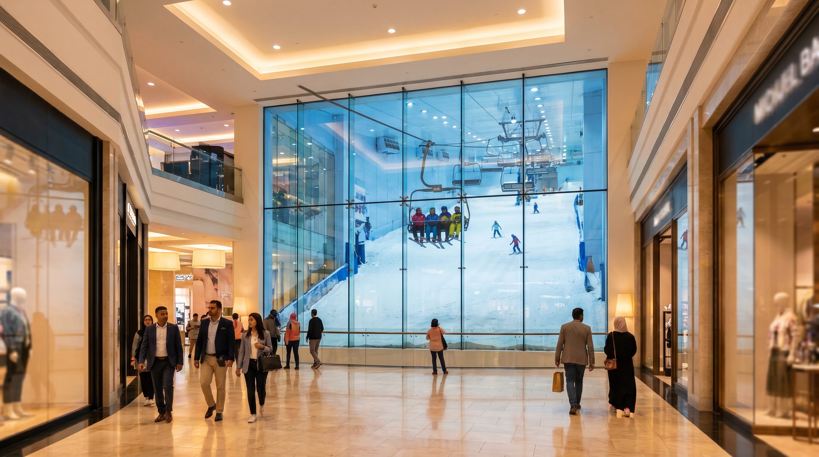 Indoor ski slope visible through glass inside Mall of the Emirates in Dubai