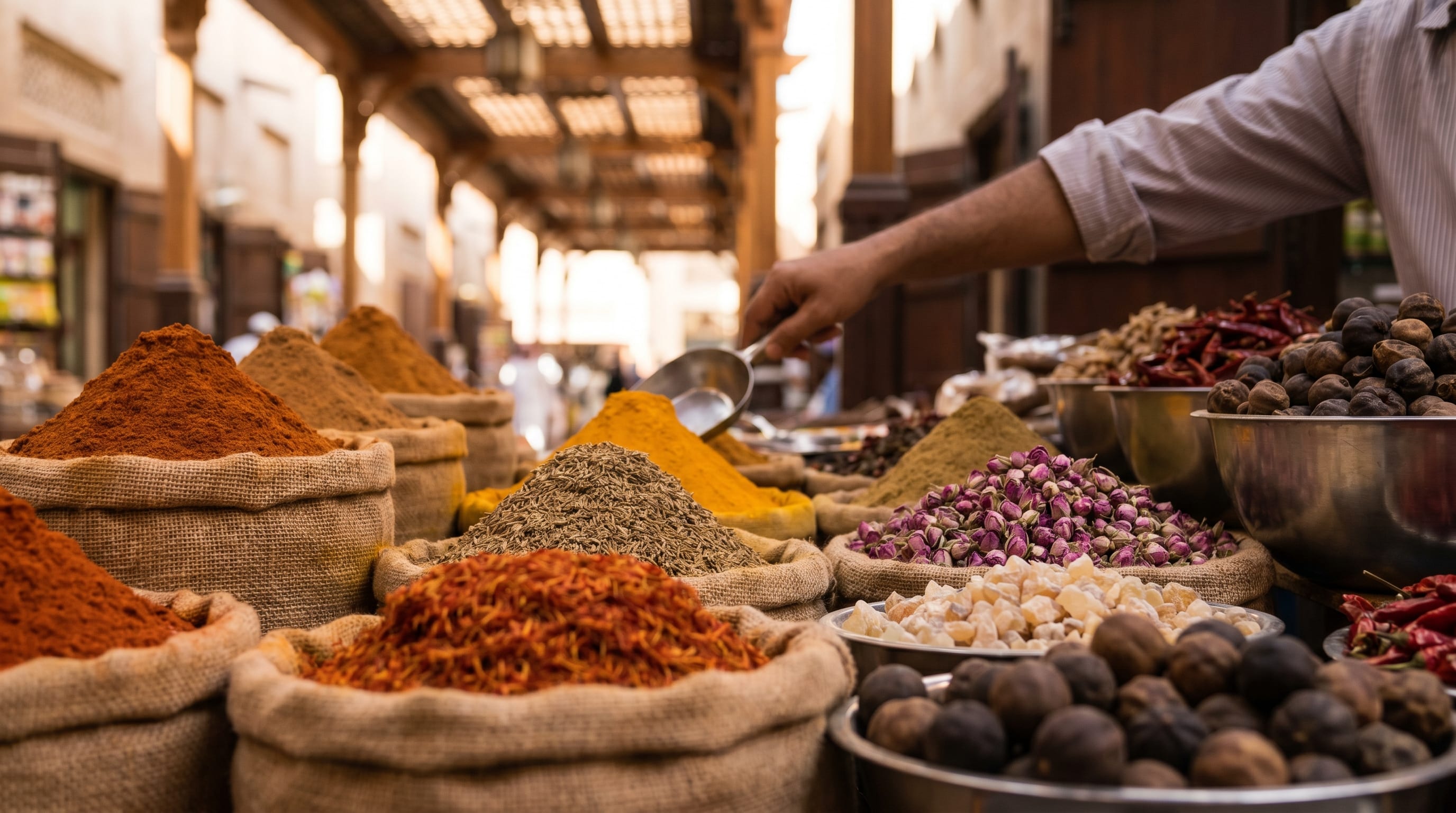 Colourful spice stall with saffron and dried lemons at the Deira Spice Souk in Dubai
