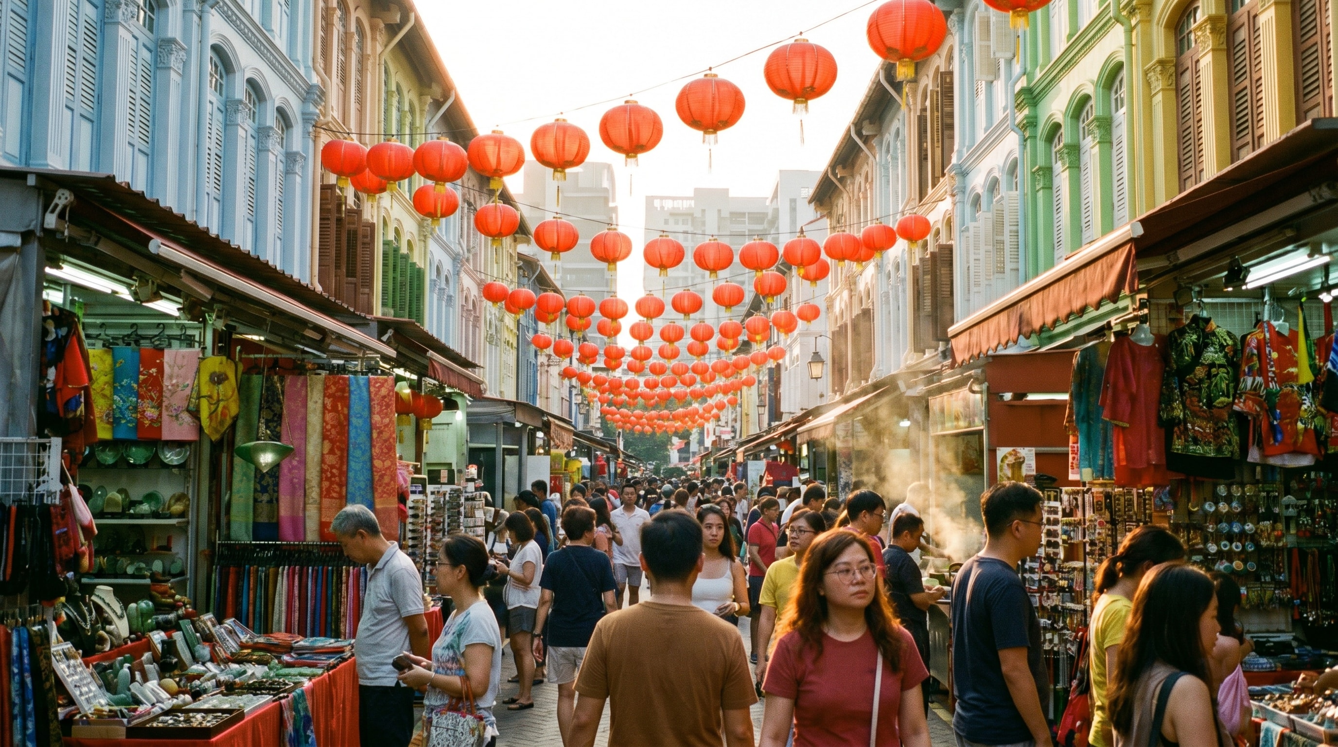 Chinatown street market stalls during a shopping trip in Singapore