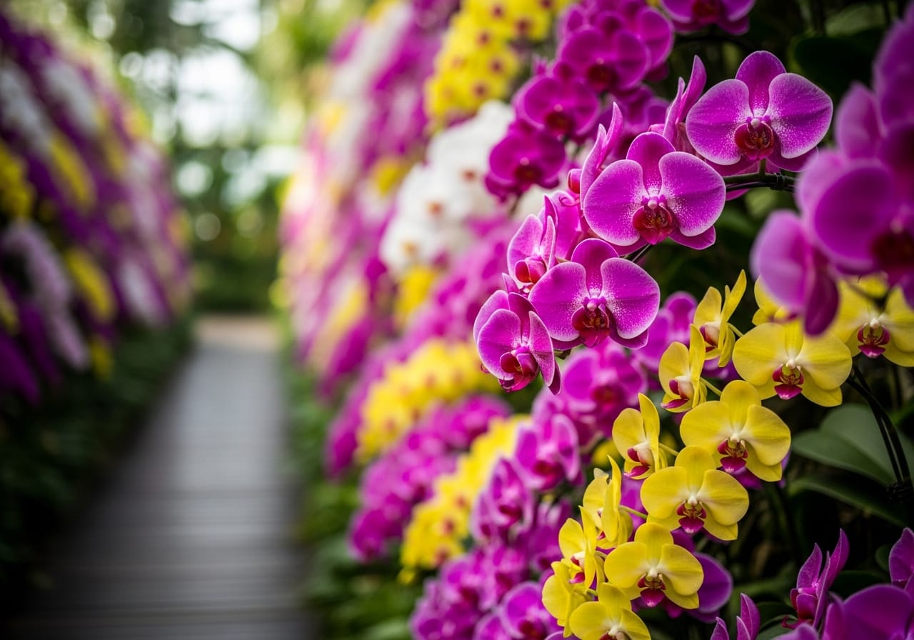 Colourful orchids at the National Orchid Garden in the Singapore Botanic Gardens