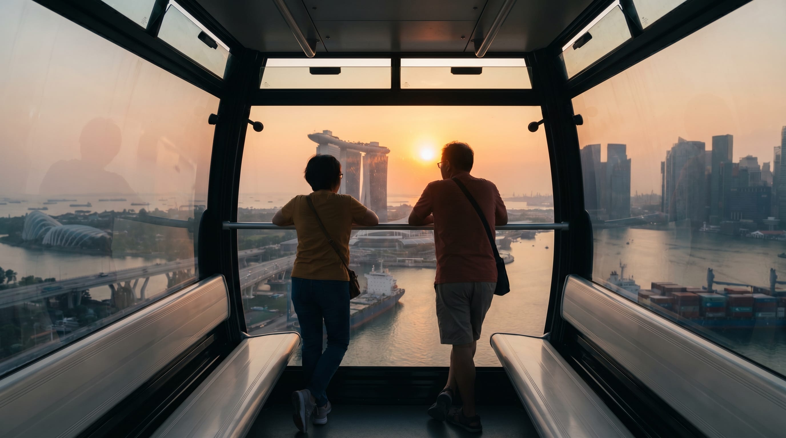 Travellers inside a Singapore cable car cabin watching the sunset over the harbour