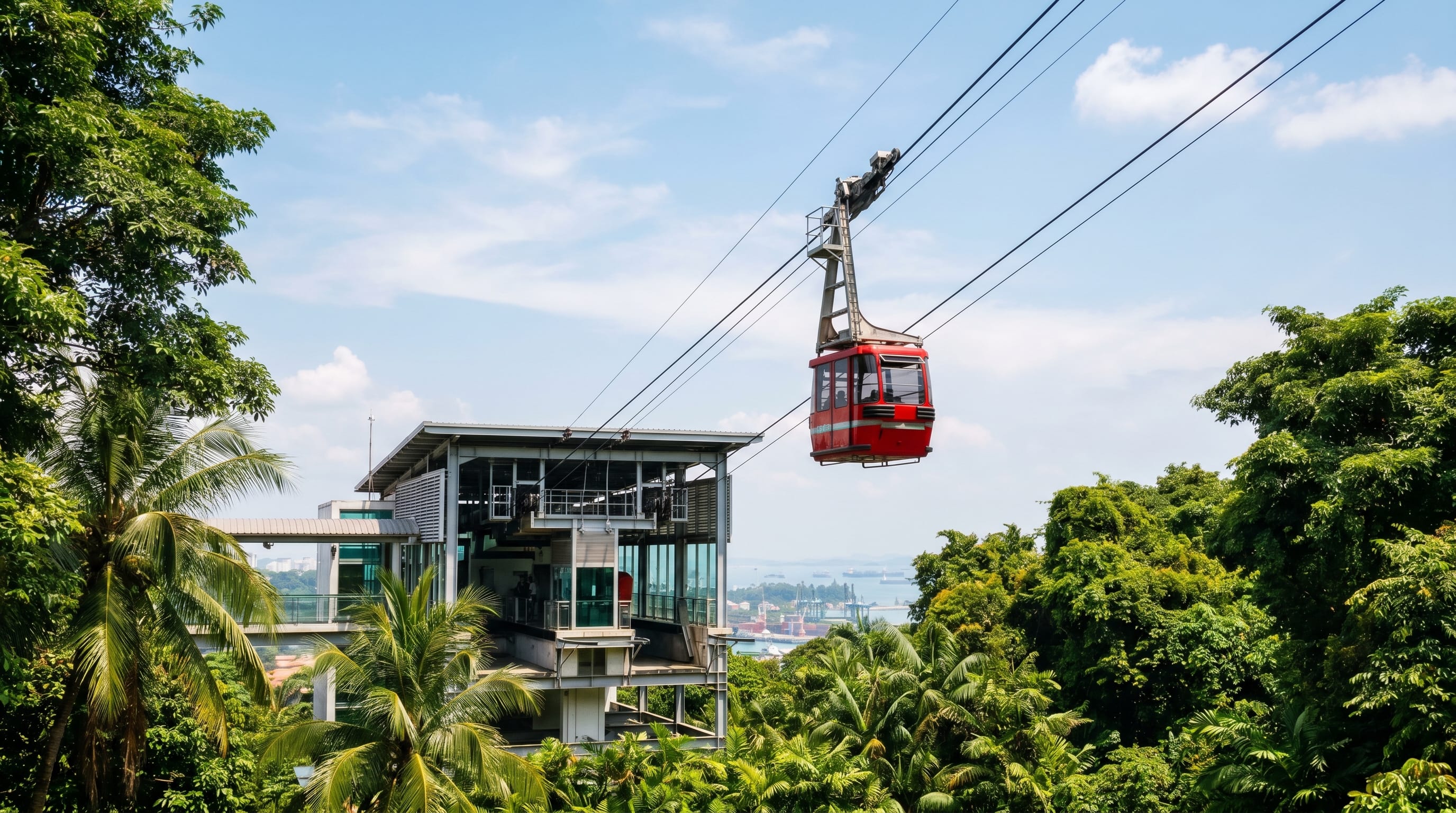 Mount Faber cable car station and red cabin departing over the rainforest in Singapore