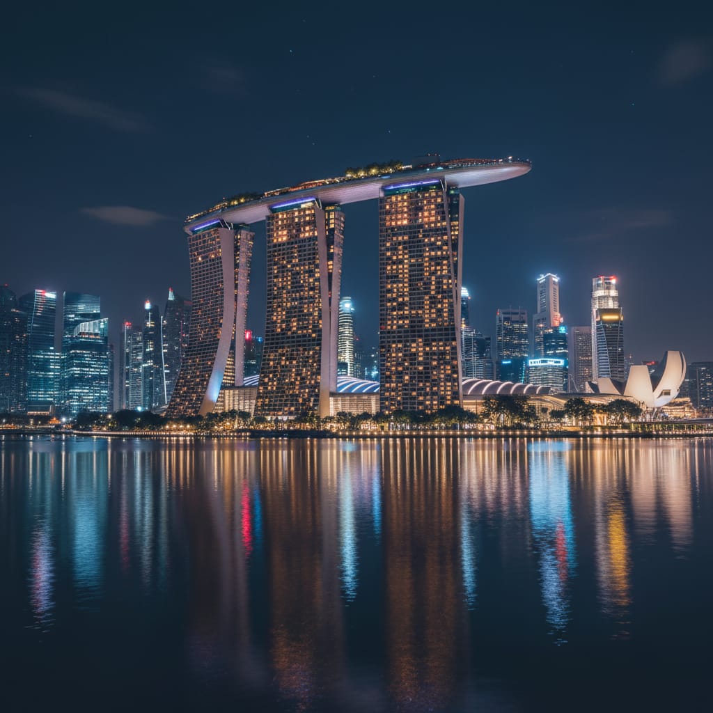 Marina Bay Sands Singapore skyline at night with colorful lights reflecting on the water
