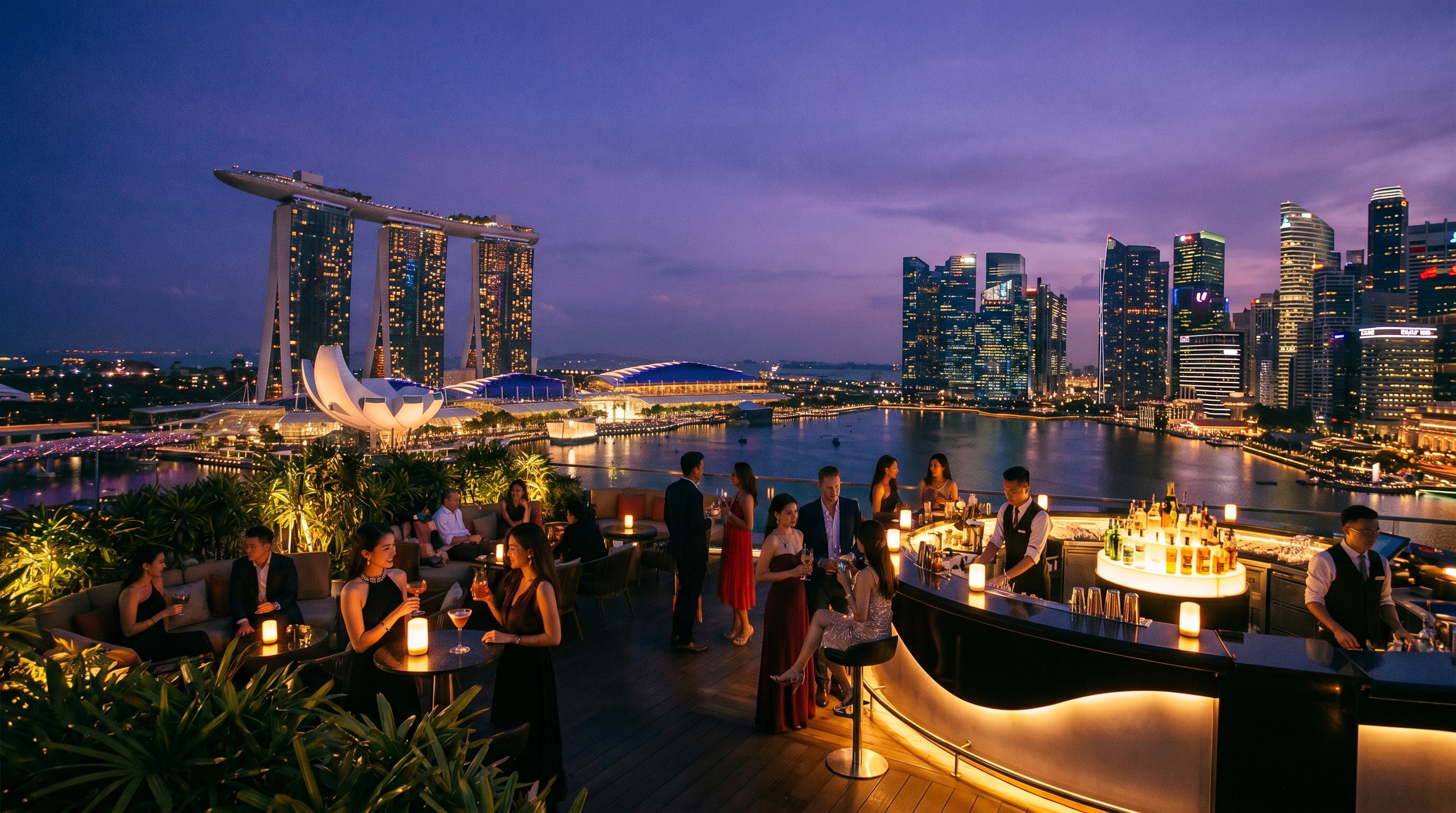 Singapore nightlife along the river with lit bridges and a bumboat at night