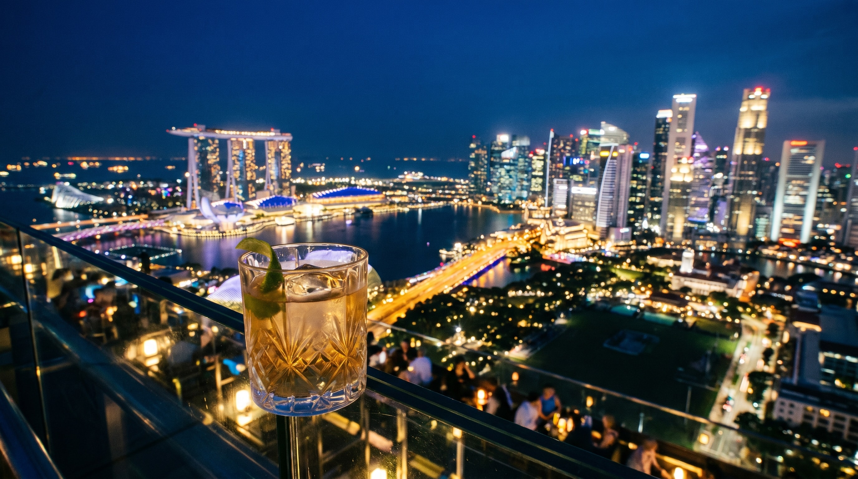 Marina Bay skyline at dusk with Marina Bay Sands, the backdrop for Singapore rooftop bars