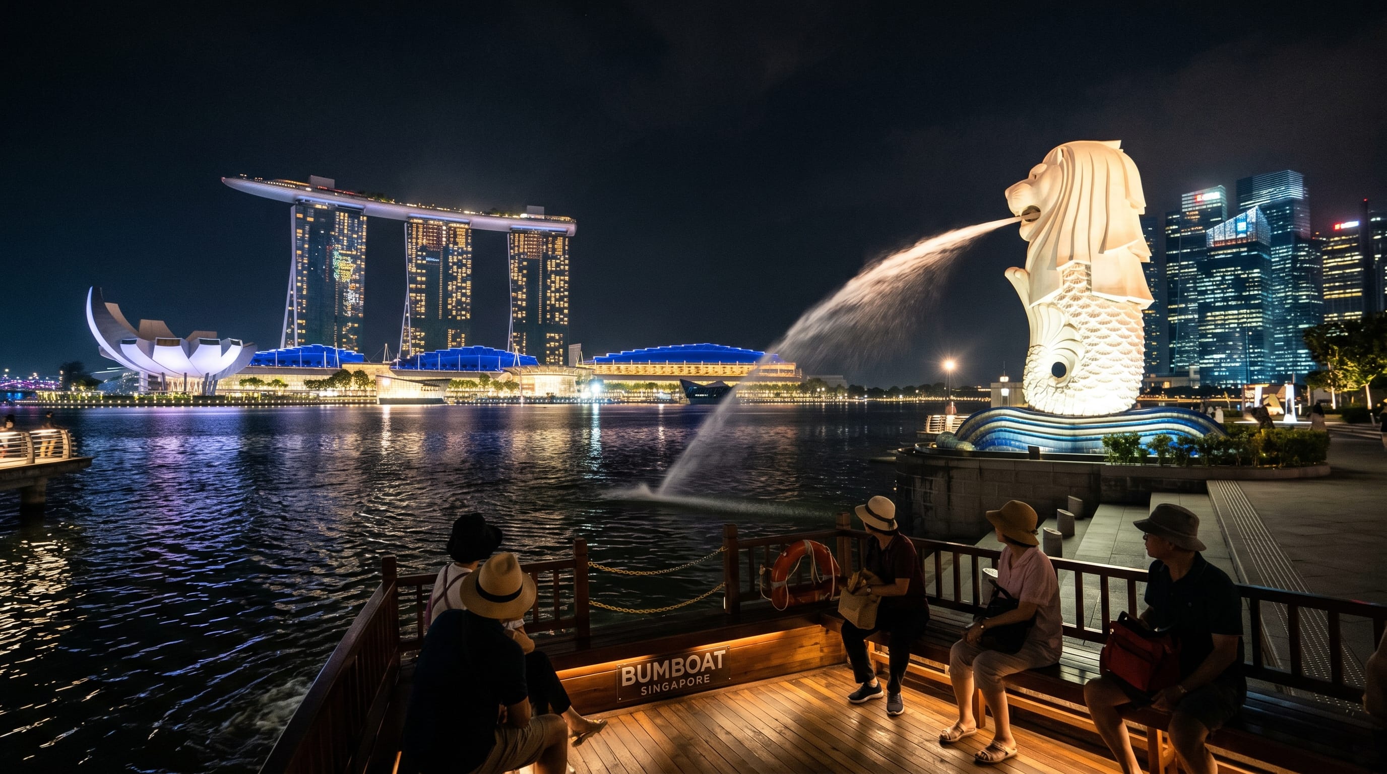 Merlion lit up at night seen from a Singapore river cruise bumboat with Marina Bay skyline behind