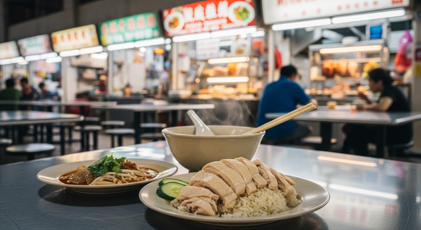 Hainanese chicken rice and laksa at a hawker centre on a Singapore tour from Mumbai
