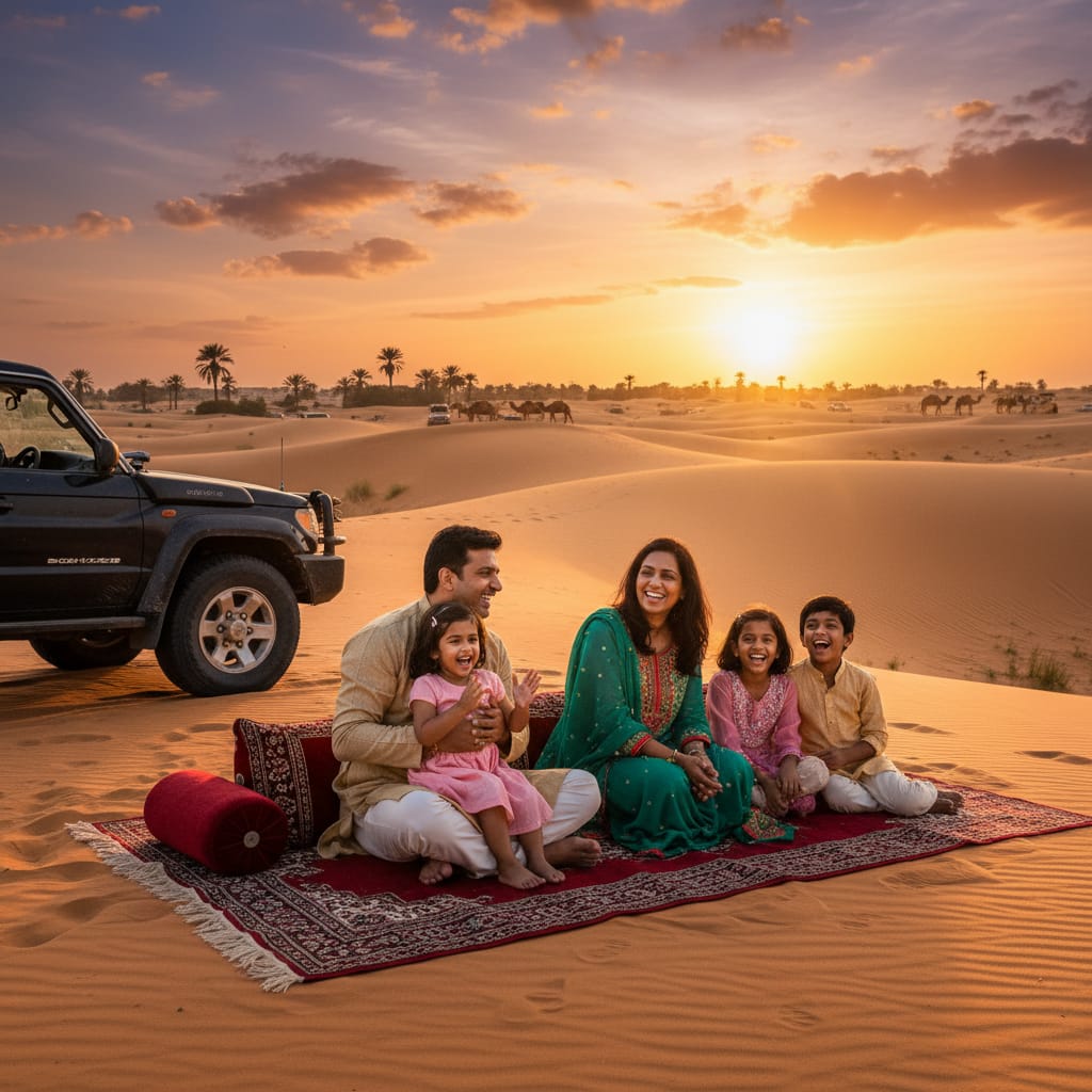 Singapore vs Dubai family desert safari experience with camels at sunset