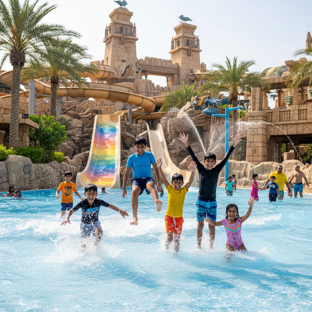 Kids enjoying water park slides in Dubai for Singapore vs Dubai family vacation