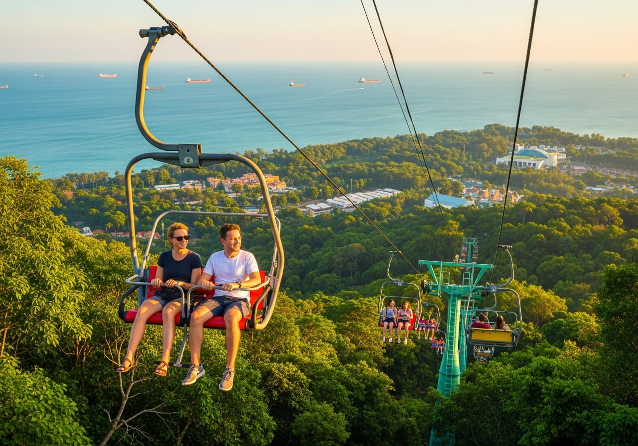Skyride chairlift carrying riders up the hillside above the Skyline Luge Sentosa track