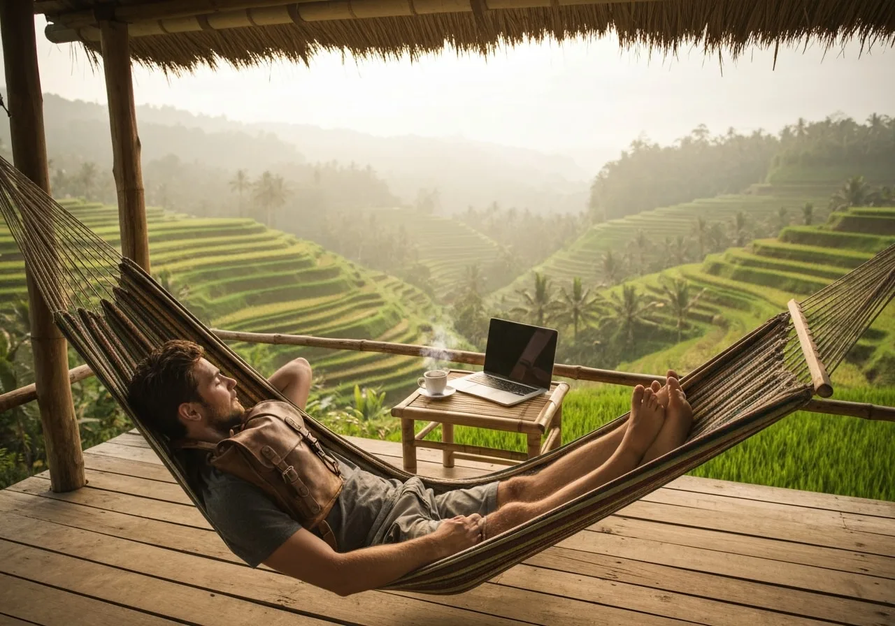 slow travel from India Bali rice terrace remote work setup