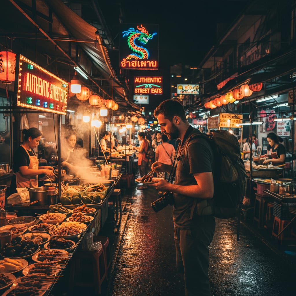 solo male travel from India international at Southeast Asian night market