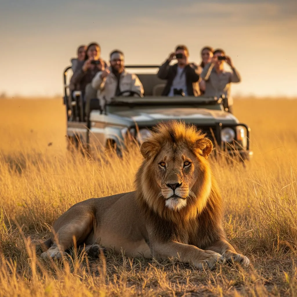 safari jeep with lion at Kruger National Park South Africa