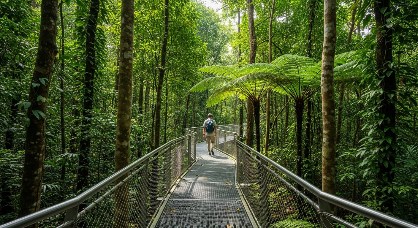 The elevated Forest Walk boardwalk through rainforest canopy on the Southern Ridges walk