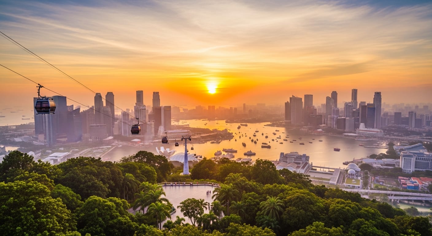 Sunset skyline view over Singapore harbour from the Southern Ridges singapore walk at Mount Faber