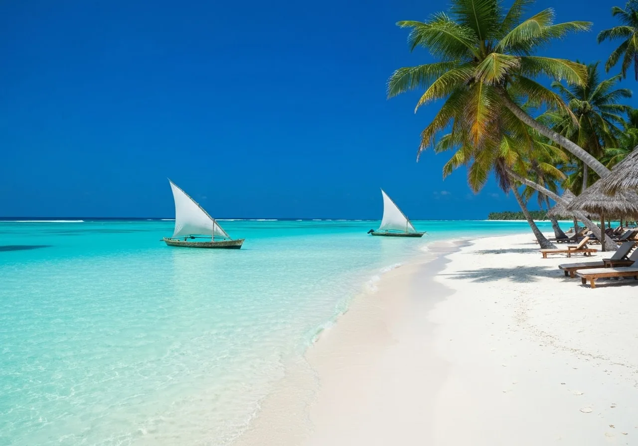 Zanzibar beach with traditional dhow boat at sunset
