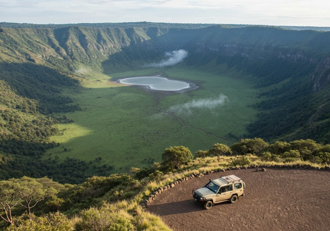 Ngorongoro Crater panoramic view with wildlife