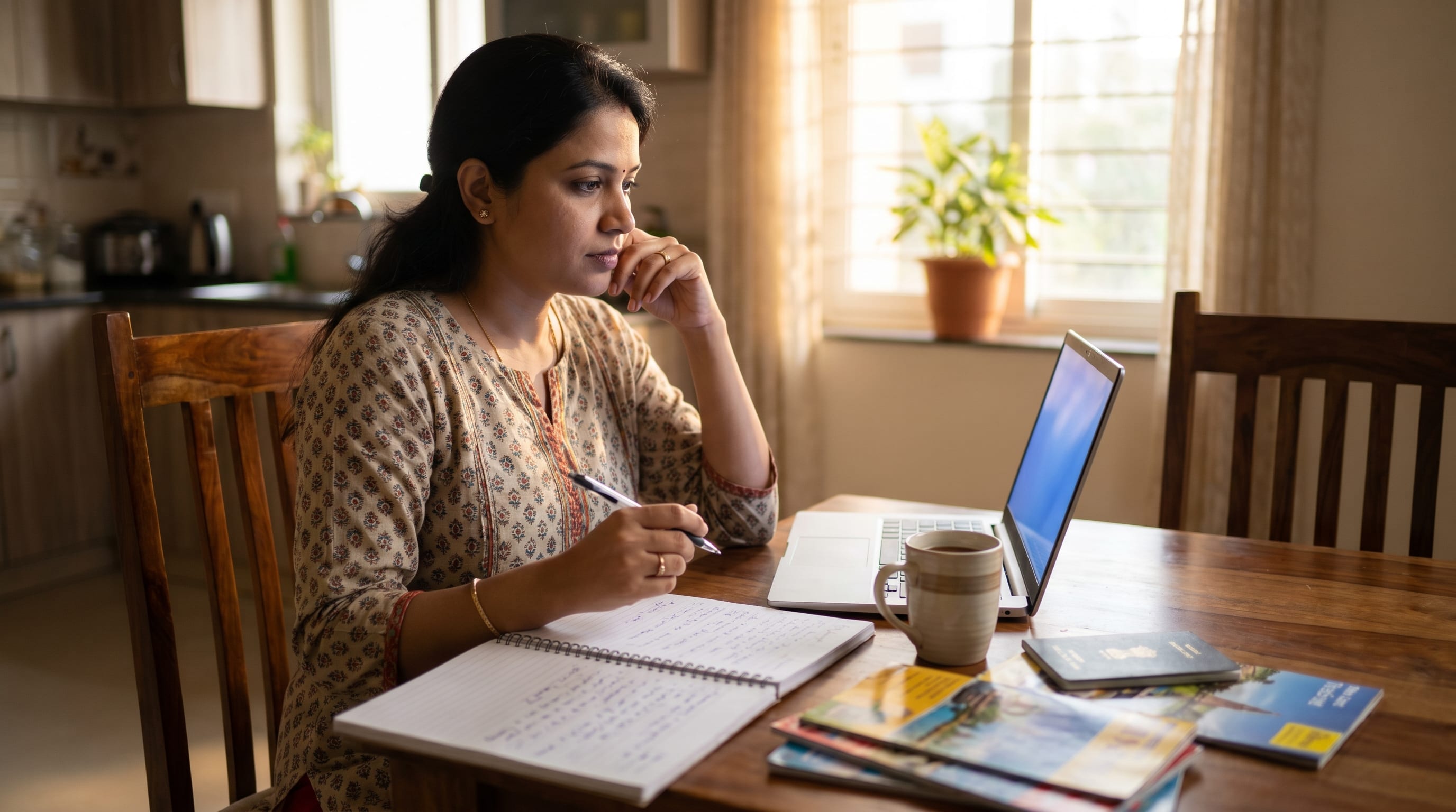 An Indian traveller planning her trip budget and TCS on foreign travel on a laptop at home