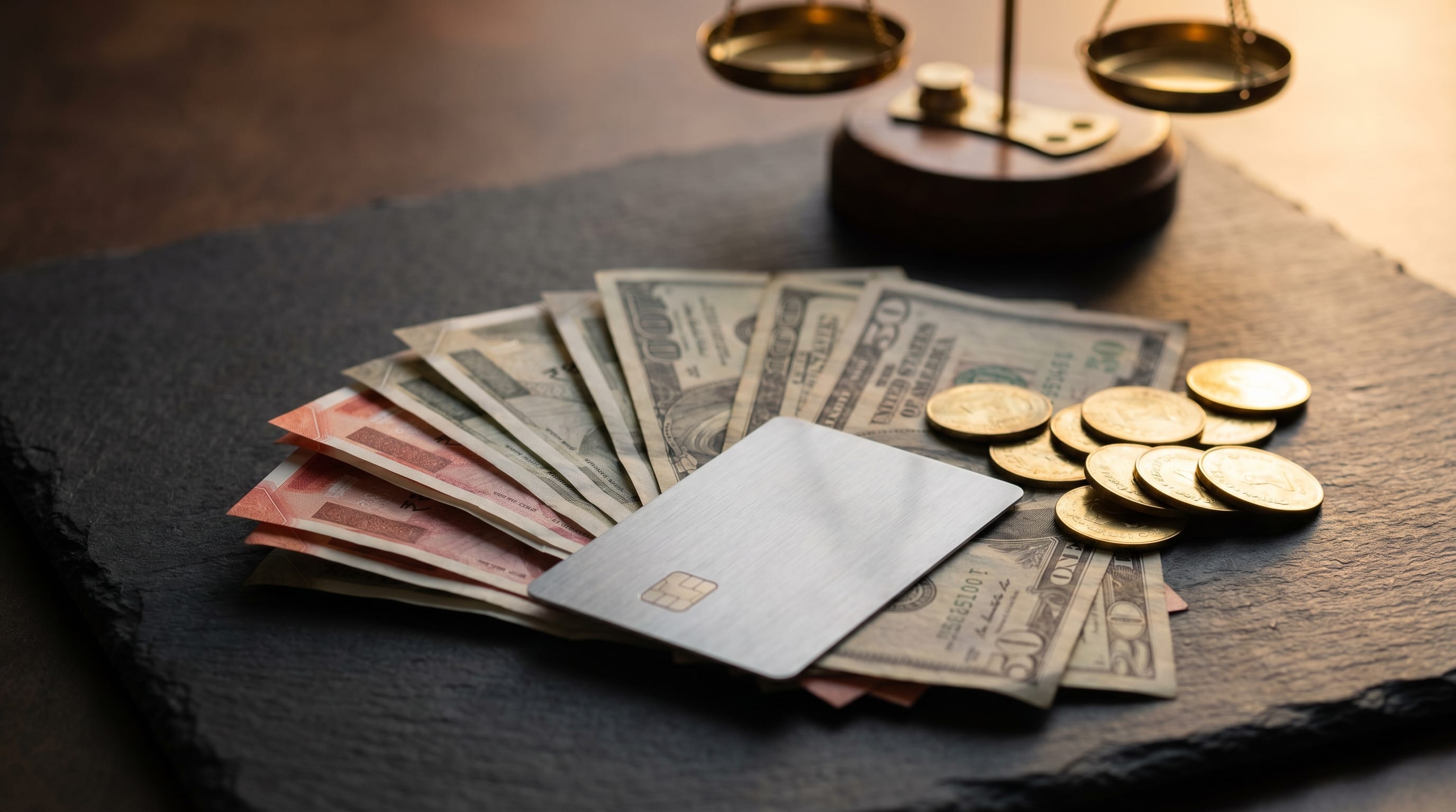 Rupee notes, dollars and a card illustrating TCS on tour packages and forex
