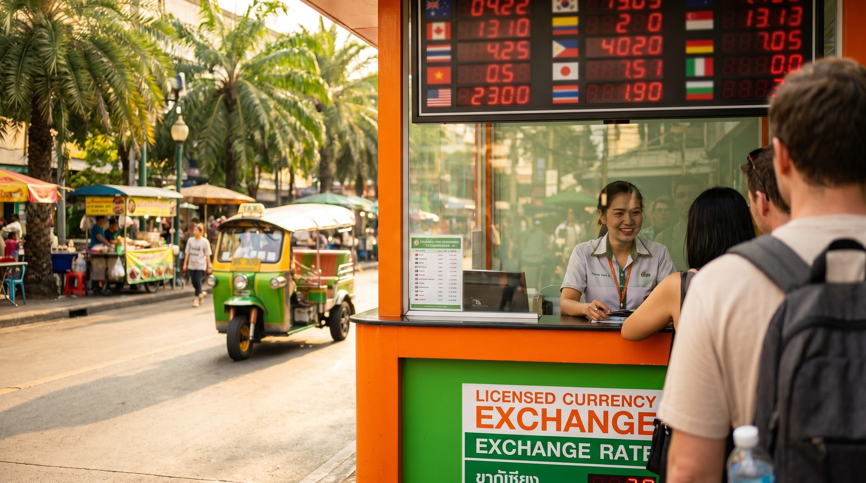 A licensed currency exchange booth in Bangkok showing the thai baht to inr exchange process