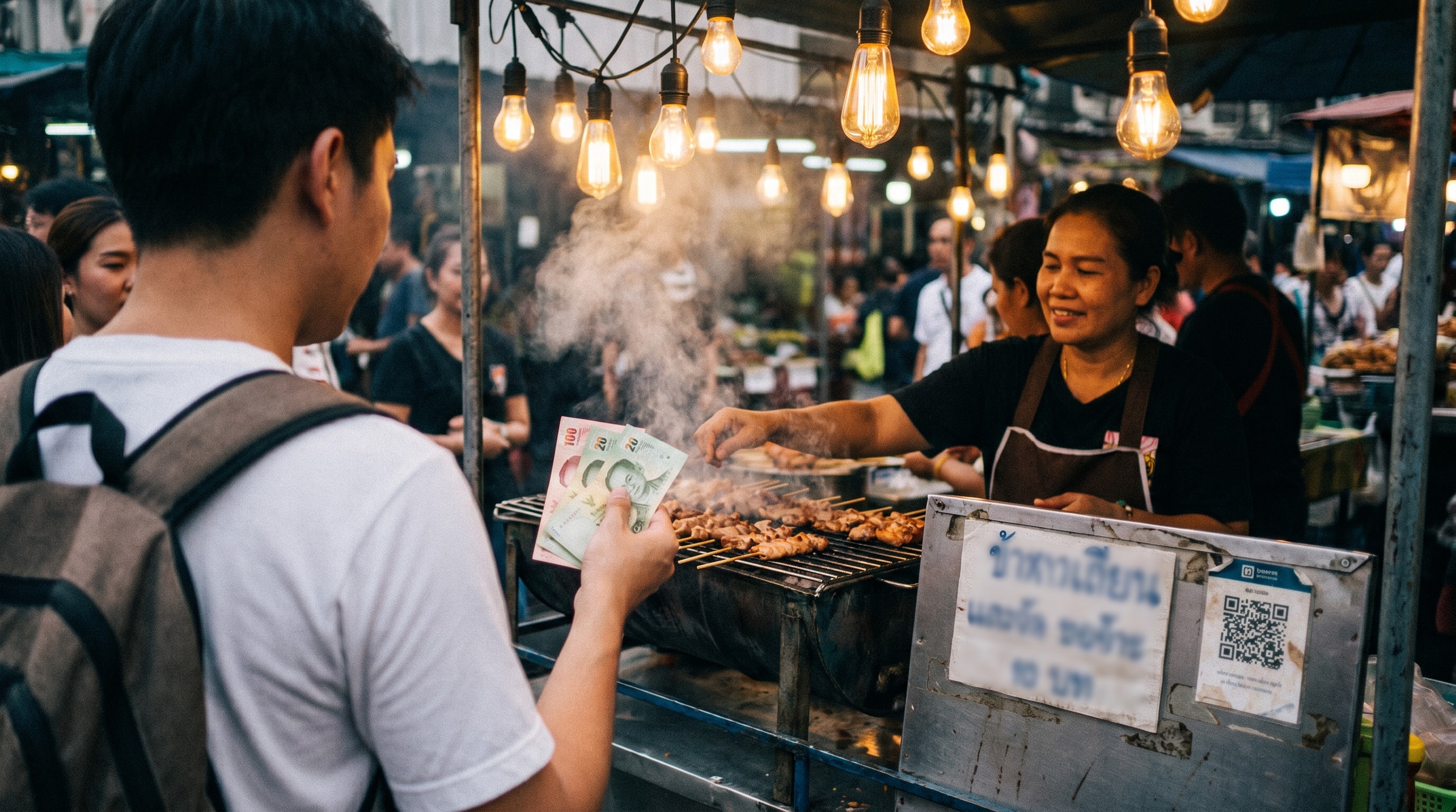 A traveller paying with Thai baht at a Bangkok night market food stall