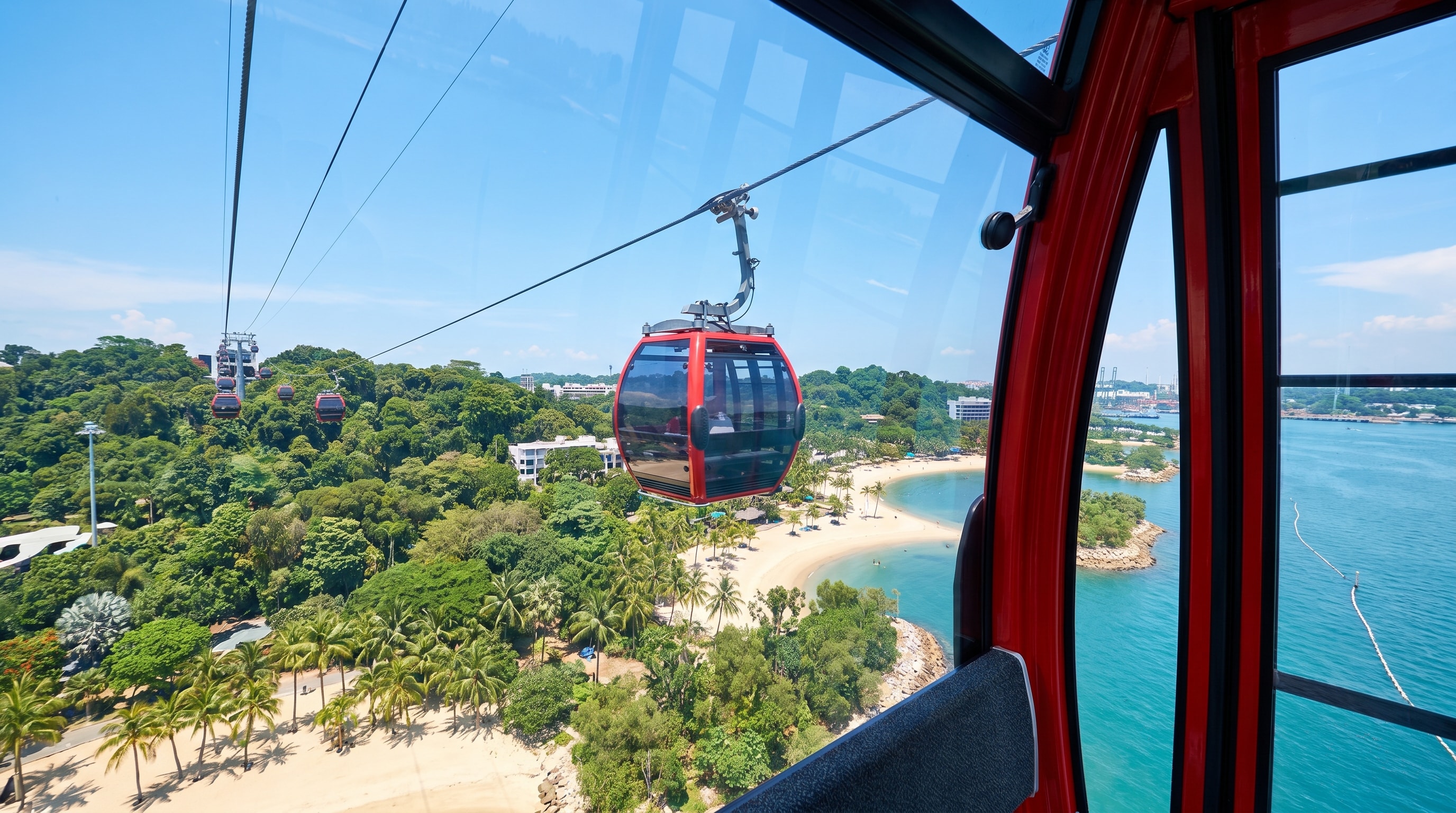 Sentosa Cable Car cabins gliding over the water, one of the scenic things to do in Sentosa