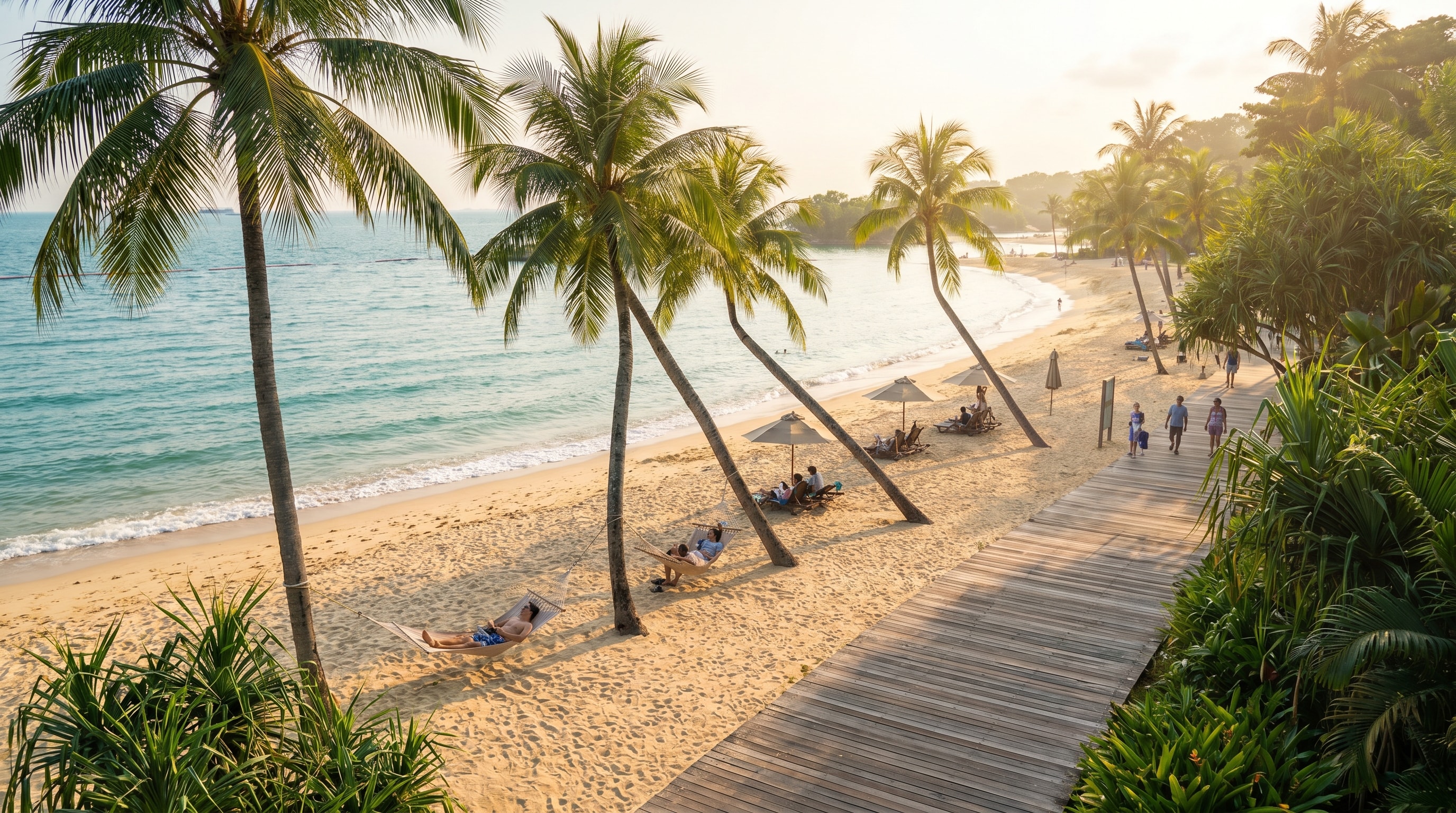 Palawan Beach suspension bridge at sunset on Sentosa Island