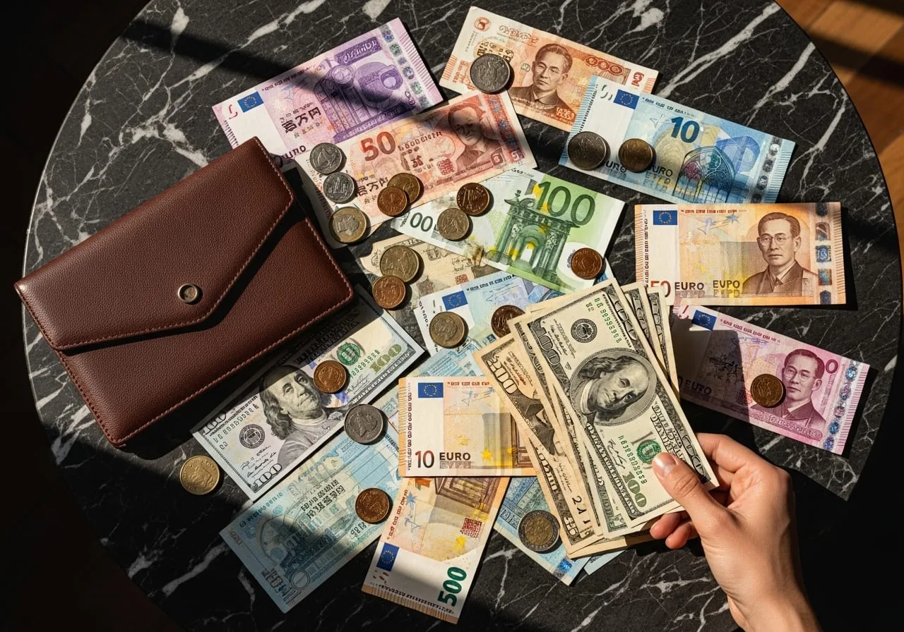 international currency bills on restaurant table tipping abroad guide