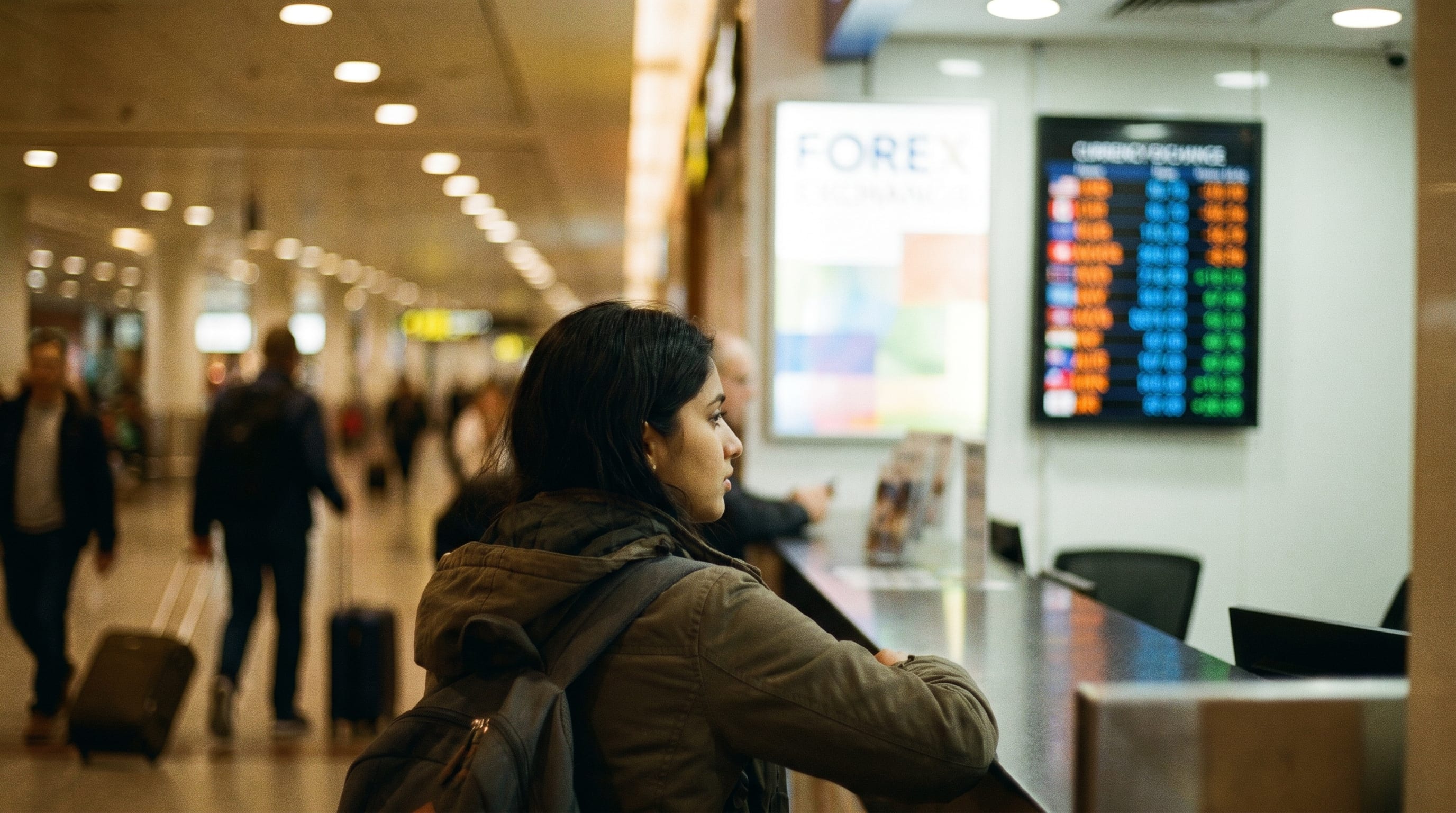 Indian traveller at an airport forex counter, part of the travel money guide India overview